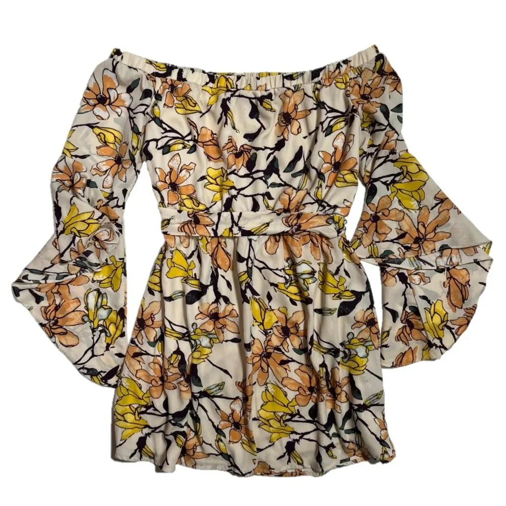 Lulu's Blushing Blooms Blush Floral Print Off-the-Shoulder Dress Size Small - Picture 2 of 4